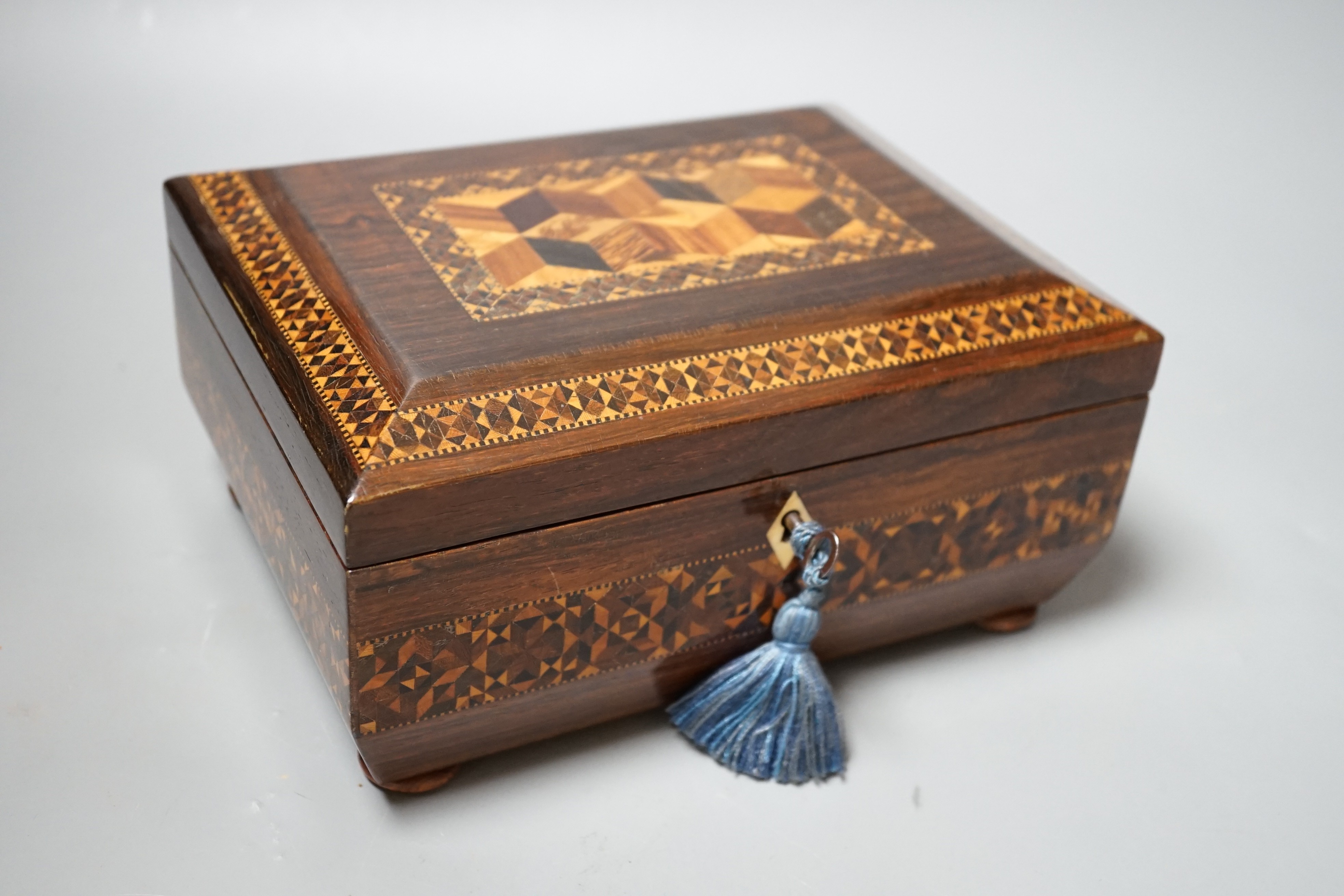 A Tunbridge ware rosewood perspective cube marquetry and half square mosaic sewing box, c.1830, 22cm wide